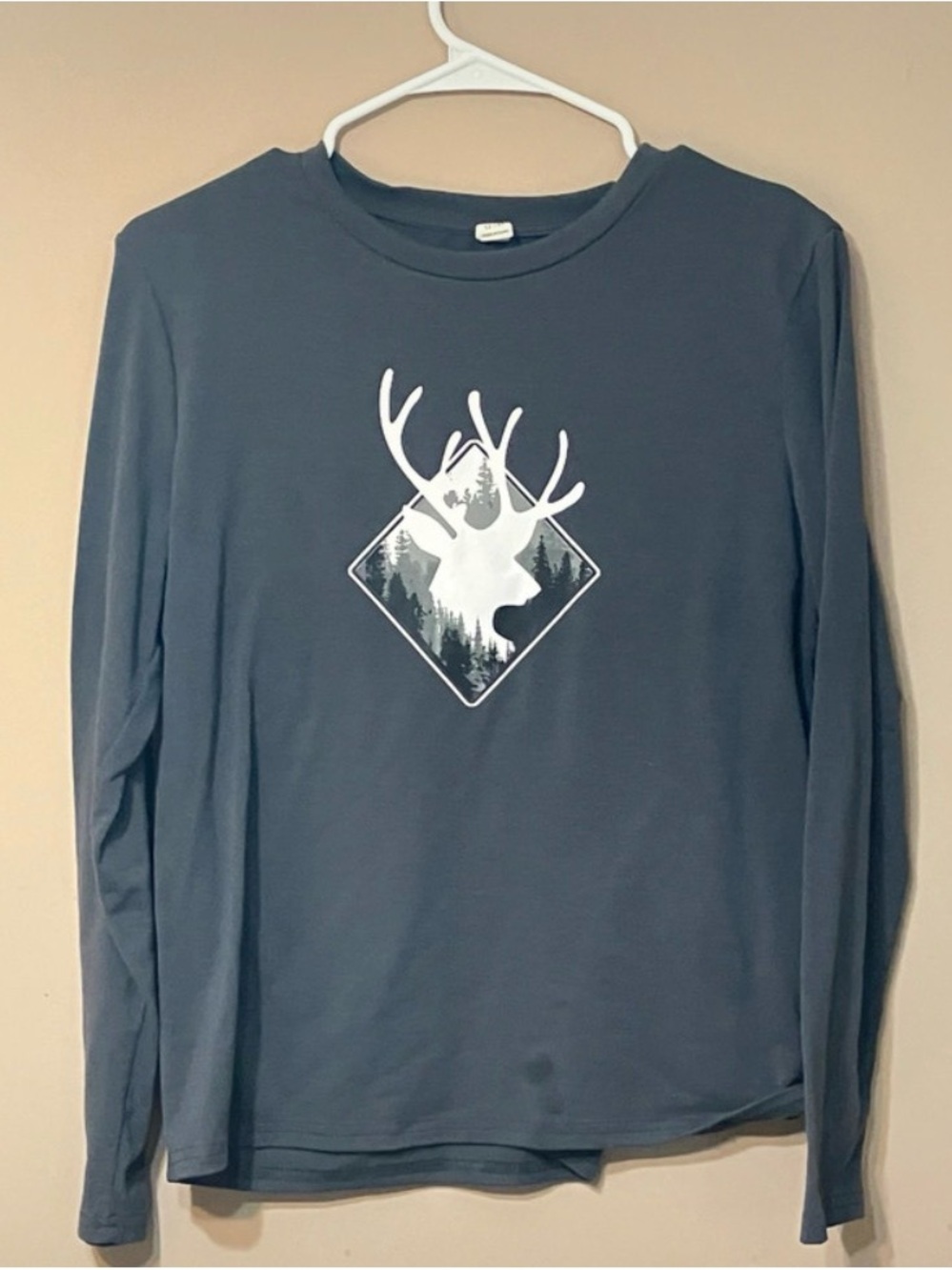 SHEIN Slate Blue Long Sleeve Tee with White Deer Graphic